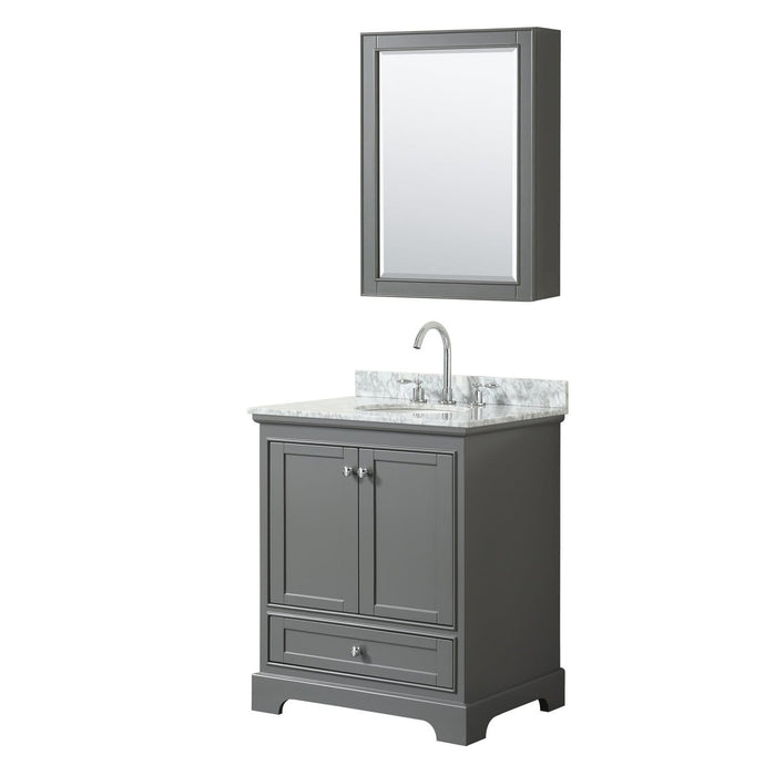 Wyndham Collection Vanity Wyndham Collection WCS202030SKGCMUNOMED Deborah 30 Inch Single Bathroom Vanity in Dark Gray, White Carrara Marble Countertop, Undermount Oval Sink, and Medicine Cabinet