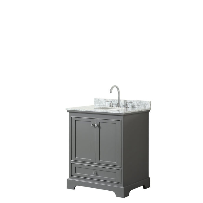 Wyndham Collection Vanity Wyndham Collection WCS202030SKGCMUNOMXX Deborah 30 Inch Single Bathroom Vanity in Dark Gray, White Carrara Marble Countertop, Undermount Oval Sink, and No Mirror