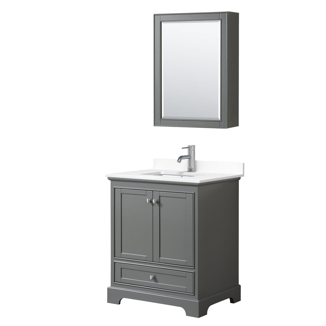 Wyndham Collection Vanity Wyndham Collection WCS202030SKGWCUNSMED Deborah 30 Inch Single Bathroom Vanity in Dark Gray, White Cultured Marble Countertop, Undermount Square Sink, Medicine Cabinet