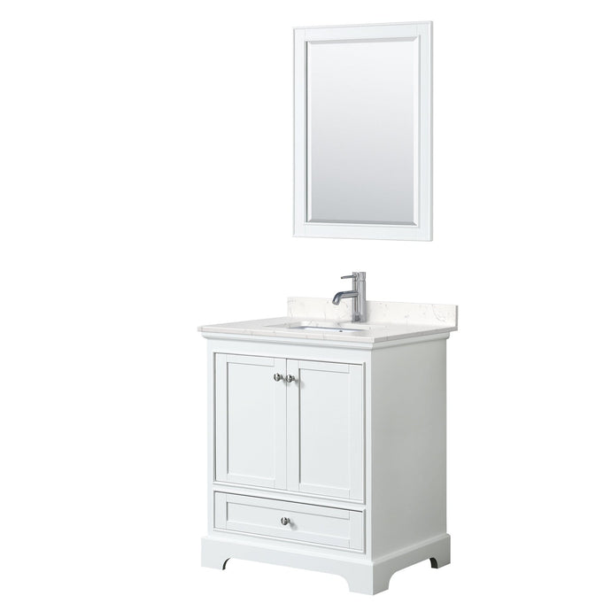 Wyndham Collection Vanity Wyndham Collection WCS202030SWHC2UNSM24 Deborah 30 Inch Single Bathroom Vanity in White, Light-Vein Carrara Cultured Marble Countertop, Undermount Square Sink, 24 Inch Mirror
