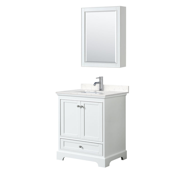 Wyndham Collection Vanity Wyndham Collection WCS202030SWHC2UNSMED Deborah 30 Inch Single Bathroom Vanity in White, Light-Vein Carrara Cultured Marble Countertop, Undermount Square Sink, Medicine Cabinet