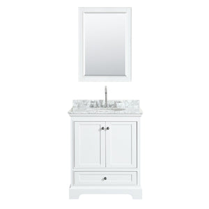 Wyndham Collection Vanity Wyndham Collection WCS202030SWHCMUNOM24 Deborah 30 Inch Single Bathroom Vanity in White, White Carrara Marble Countertop, Undermount Oval Sink, and 24 Inch Mirror