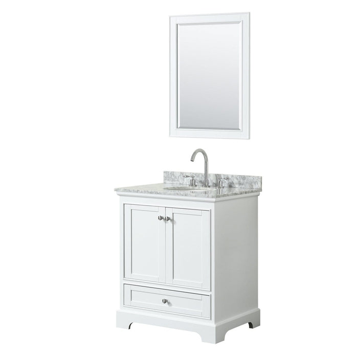 Wyndham Collection Vanity Wyndham Collection WCS202030SWHCMUNOM24 Deborah 30 Inch Single Bathroom Vanity in White, White Carrara Marble Countertop, Undermount Oval Sink, and 24 Inch Mirror