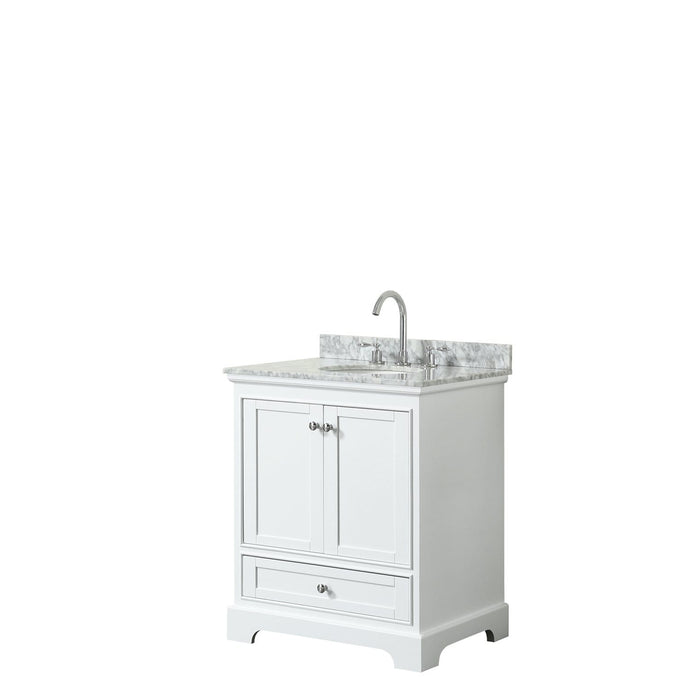 Wyndham Collection Vanity Wyndham Collection WCS202030SWHCMUNOMXX Deborah 30 Inch Single Bathroom Vanity in White, White Carrara Marble Countertop, Undermount Oval Sink, and No Mirror