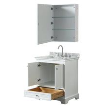 Load image into Gallery viewer, Wyndham Collection Vanity Wyndham Collection WCS202030SWHCMUNSMED Deborah 30 Inch Single Bathroom Vanity in White, White Carrara Marble Countertop, Undermount Square Sink, and Medicine Cabinet