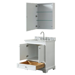 Wyndham Collection Vanity Wyndham Collection WCS202030SWHCMUNSMED Deborah 30 Inch Single Bathroom Vanity in White, White Carrara Marble Countertop, Undermount Square Sink, and Medicine Cabinet