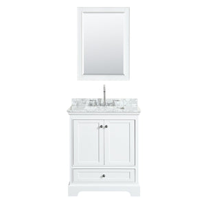 Wyndham Collection WCS202030SWHCMUNSMED Deborah 30 Inch Single Bathroom Vanity in White, White Carrara Marble Countertop, Undermount Square Sink, and Medicine Cabinet