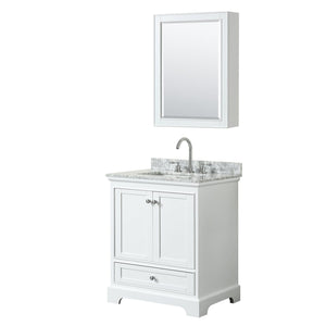 Wyndham Collection Vanity Wyndham Collection WCS202030SWHCMUNSMED Deborah 30 Inch Single Bathroom Vanity in White, White Carrara Marble Countertop, Undermount Square Sink, and Medicine Cabinet