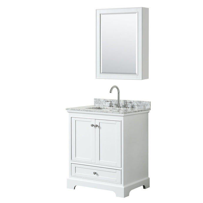 Wyndham Collection Vanity Wyndham Collection WCS202030SWHCMUNSMED Deborah 30 Inch Single Bathroom Vanity in White, White Carrara Marble Countertop, Undermount Square Sink, and Medicine Cabinet