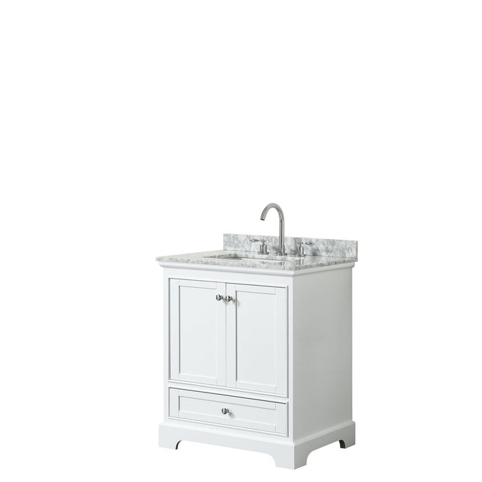 Wyndham Collection Vanity Wyndham Collection WCS202030SWHCMUNSMXX Deborah 30 Inch Single Bathroom Vanity in White, White Carrara Marble Countertop, Undermount Square Sink, and No Mirror