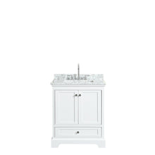 Load image into Gallery viewer, Wyndham Collection Vanity Wyndham Collection WCS202030SWHCMUNSMXX Deborah 30 Inch Single Bathroom Vanity in White, White Carrara Marble Countertop, Undermount Square Sink, and No Mirror