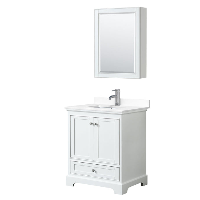 Wyndham Collection Vanity Wyndham Collection WCS202030SWHWCUNSMED Deborah 30 Inch Single Bathroom Vanity in White, White Cultured Marble Countertop, Undermount Square Sink, Medicine Cabinet