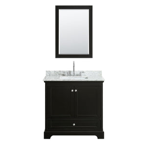 Wyndham Collection Vanity Wyndham Collection WCS202036SDECMUNSM24 Deborah 36 Inch Single Bathroom Vanity in Dark Espresso, White Carrara Marble Countertop, Undermount Square Sink, and 24 Inch Mirror