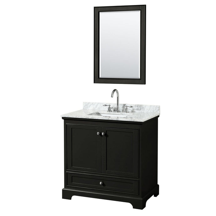 Wyndham Collection Vanity Wyndham Collection WCS202036SDECMUNSM24 Deborah 36 Inch Single Bathroom Vanity in Dark Espresso, White Carrara Marble Countertop, Undermount Square Sink, and 24 Inch Mirror
