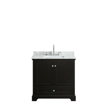 Load image into Gallery viewer, Wyndham Collection Vanity Wyndham Collection WCS202036SDECMUNSMXX Deborah 36 Inch Single Bathroom Vanity in Dark Espresso, White Carrara Marble Countertop, Undermount Square Sink, and No Mirror