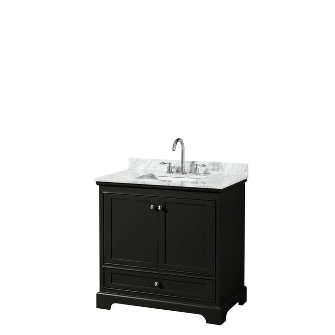 Wyndham Collection Vanity Wyndham Collection WCS202036SDECMUNSMXX Deborah 36 Inch Single Bathroom Vanity in Dark Espresso, White Carrara Marble Countertop, Undermount Square Sink, and No Mirror
