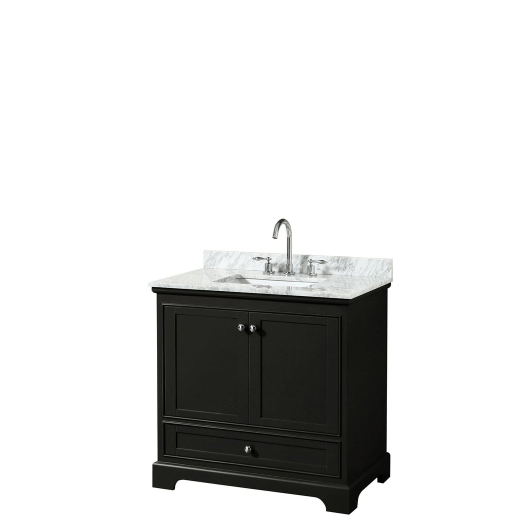 Wyndham Collection Vanity Wyndham Collection WCS202036SDECMUNSMXX Deborah 36 Inch Single Bathroom Vanity in Dark Espresso, White Carrara Marble Countertop, Undermount Square Sink, and No Mirror