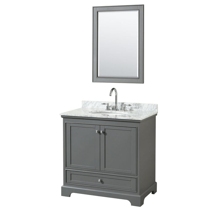 Wyndham Collection Vanity Wyndham Collection WCS202036SKGCMUNOM24 Deborah 36 Inch Single Bathroom Vanity in Dark Gray, White Carrara Marble Countertop, Undermount Oval Sink, and 24 Inch Mirror