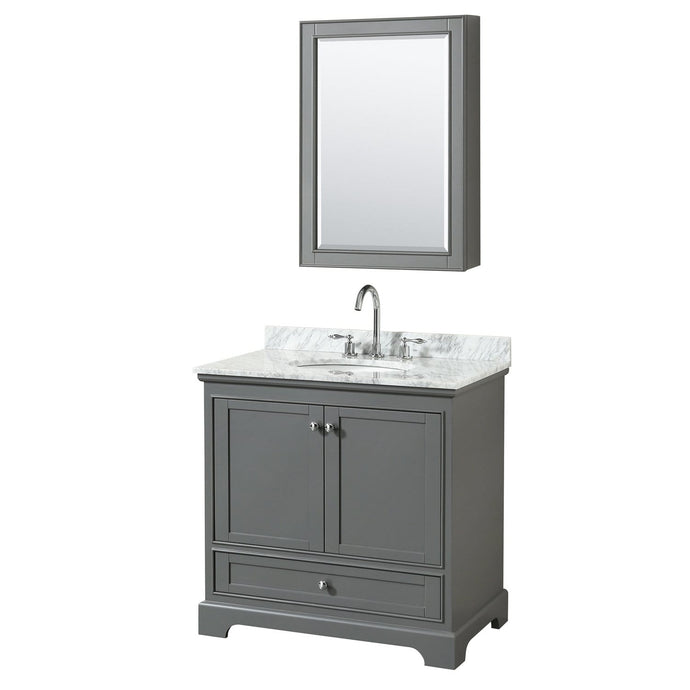 Wyndham Collection Vanity Wyndham Collection WCS202036SKGCMUNOMED Deborah 36 Inch Single Bathroom Vanity in Dark Gray, White Carrara Marble Countertop, Undermount Oval Sink, and Medicine Cabinet