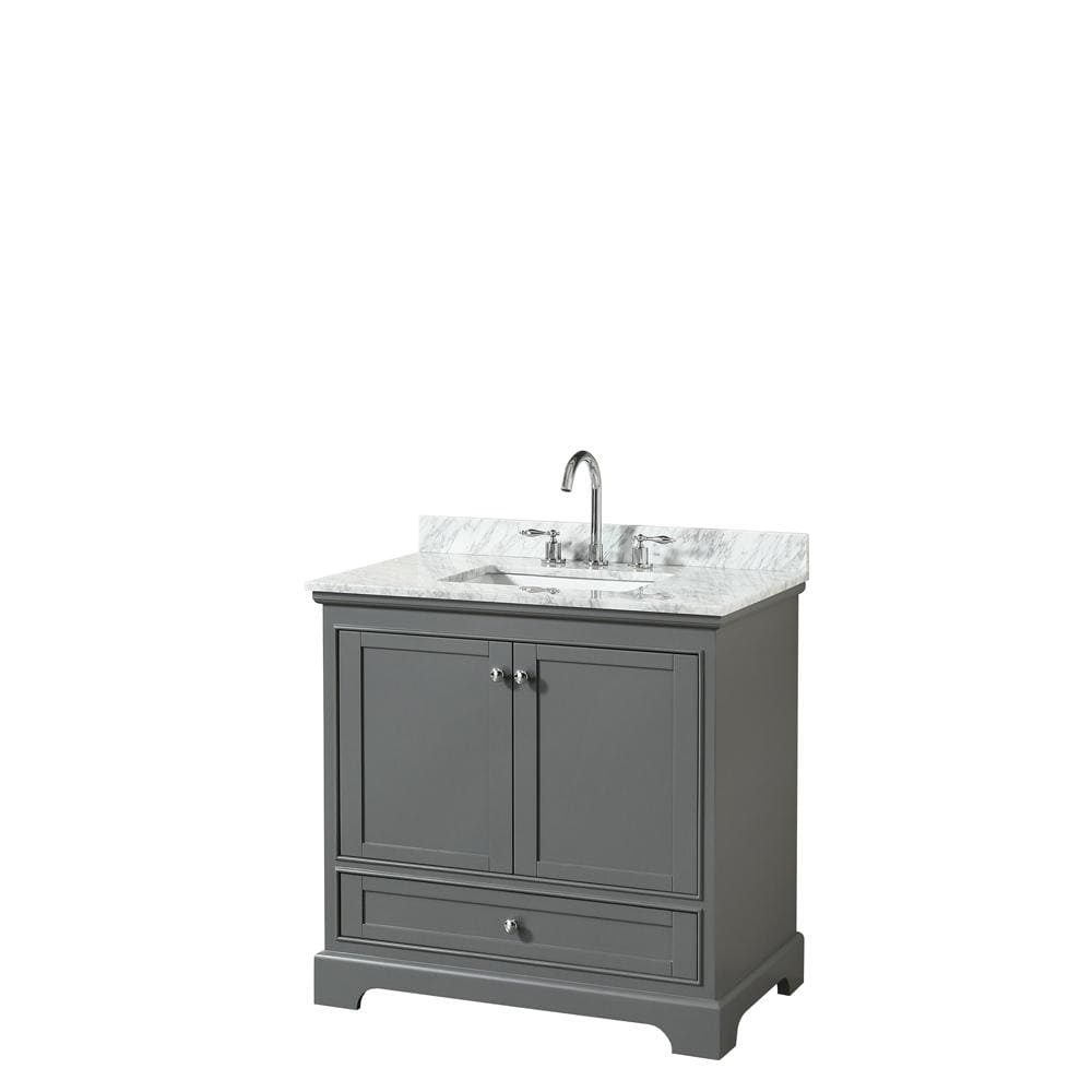 Wyndham Collection Vanity Wyndham Collection WCS202036SKGCMUNSMXX Deborah 36 Inch Single Bathroom Vanity in Dark Gray, White Carrara Marble Countertop, Undermount Square Sink, and No Mirror