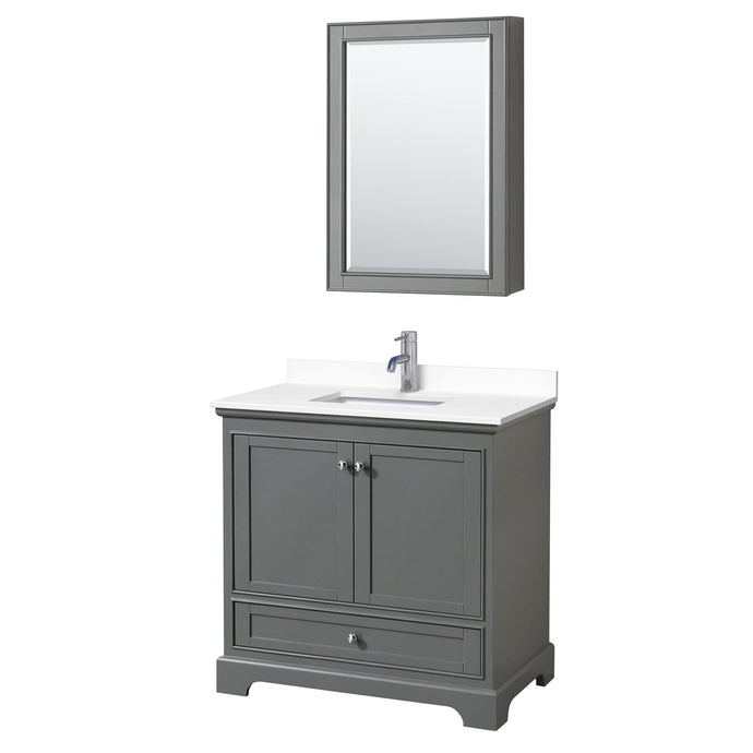 Wyndham Collection Vanity Wyndham Collection WCS202036SKGWCUNSMED Deborah 36 Inch Single Bathroom Vanity in Dark Gray, White Cultured Marble Countertop, Undermount Square Sink, Medicine Cabinet