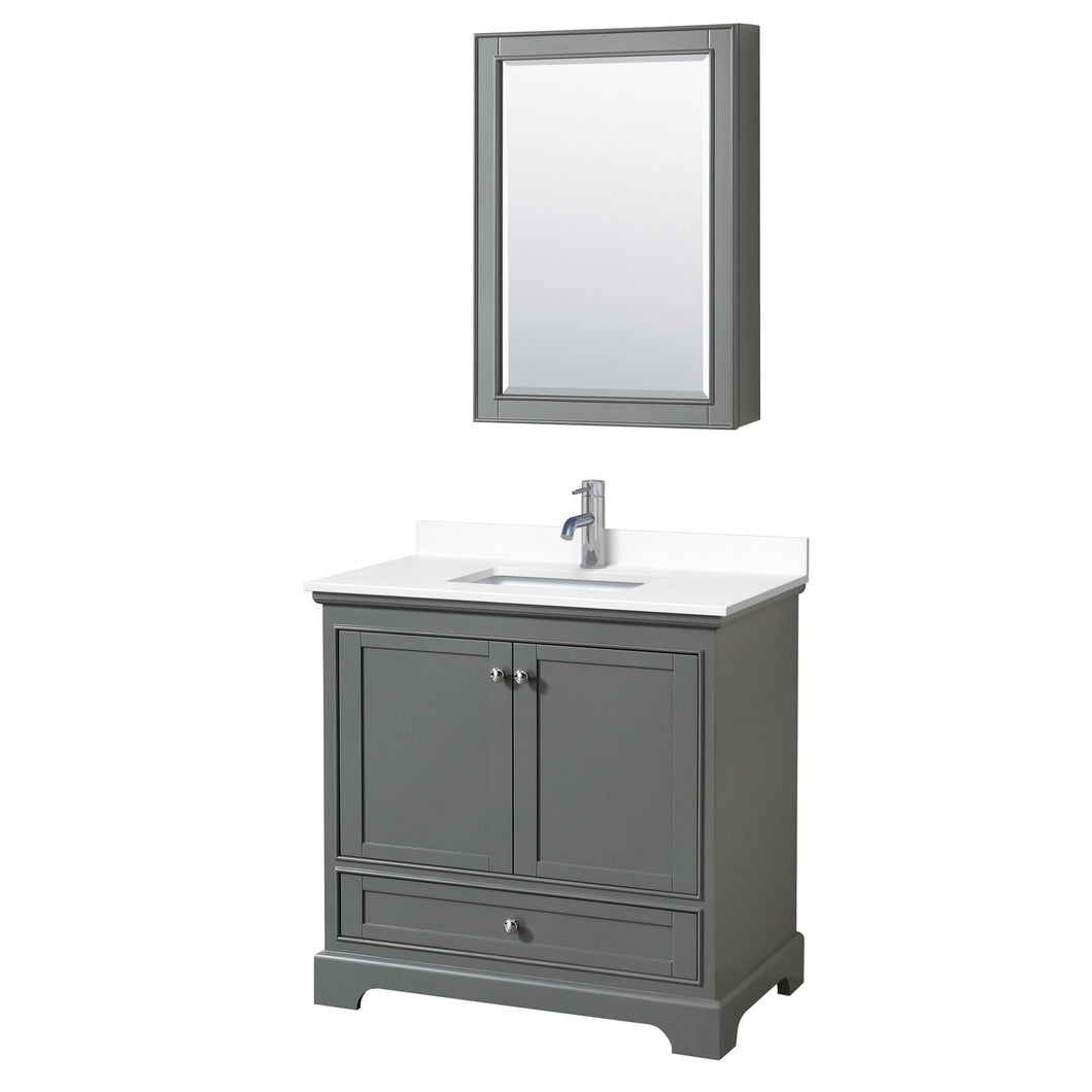 Wyndham Collection Vanity Wyndham Collection WCS202036SKGWCUNSMED Deborah 36 Inch Single Bathroom Vanity in Dark Gray, White Cultured Marble Countertop, Undermount Square Sink, Medicine Cabinet