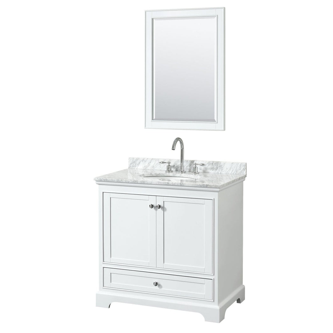 Wyndham Collection Vanity Wyndham Collection WCS202036SWHCMUNOM24 Deborah 36 Inch Single Bathroom Vanity in White, White Carrara Marble Countertop, Undermount Oval Sink, and 24 Inch Mirror