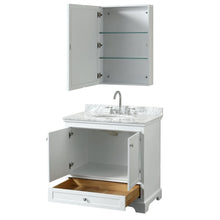 Load image into Gallery viewer, Wyndham Collection Vanity Wyndham Collection WCS202036SWHCMUNOMED Deborah 36 Inch Single Bathroom Vanity in White, White Carrara Marble Countertop, Undermount Oval Sink, and Medicine Cabinet