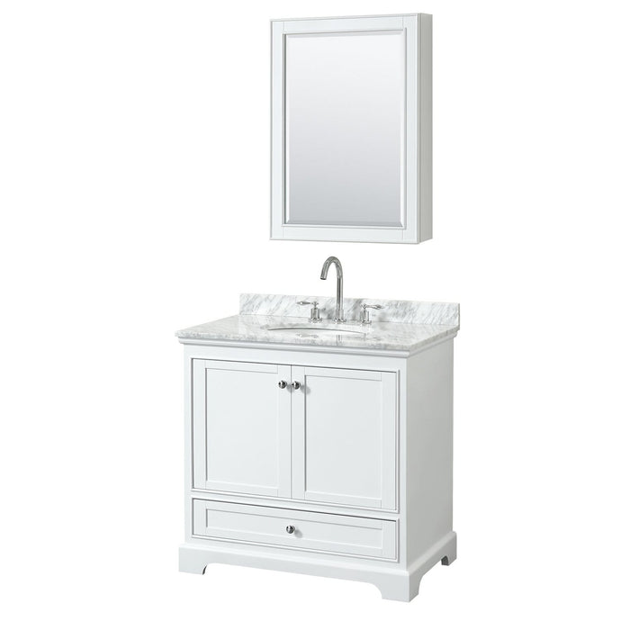 Wyndham Collection Vanity Wyndham Collection WCS202036SWHCMUNOMED Deborah 36 Inch Single Bathroom Vanity in White, White Carrara Marble Countertop, Undermount Oval Sink, and Medicine Cabinet