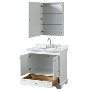 Wyndham Collection Vanity Wyndham Collection WCS202036SWHCMUNOMED Deborah 36 Inch Single Bathroom Vanity in White, White Carrara Marble Countertop, Undermount Oval Sink, and Medicine Cabinet