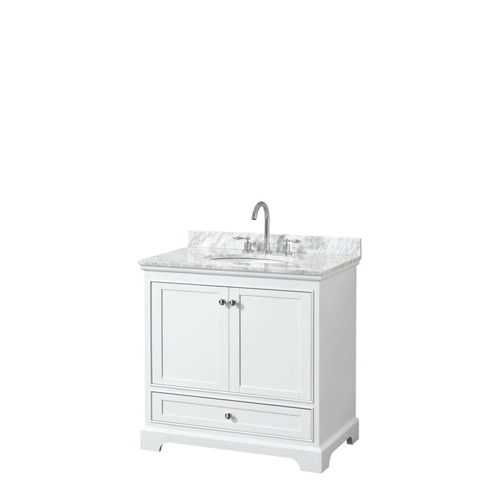 Wyndham Collection Vanity Wyndham Collection WCS202036SWHCMUNOMXX Deborah 36 Inch Single Bathroom Vanity in White, White Carrara Marble Countertop, Undermount Oval Sink, and No Mirror
