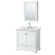 Load image into Gallery viewer, Wyndham Collection Vanity Wyndham Collection WCS202036SWHCMUNSMED Deborah 36 Inch Single Bathroom Vanity in White, White Carrara Marble Countertop, Undermount Square Sink, and Medicine Cabinet