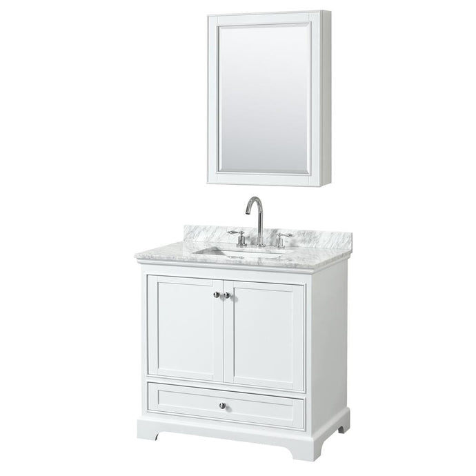 Wyndham Collection Vanity Wyndham Collection WCS202036SWHCMUNSMED Deborah 36 Inch Single Bathroom Vanity in White, White Carrara Marble Countertop, Undermount Square Sink, and Medicine Cabinet