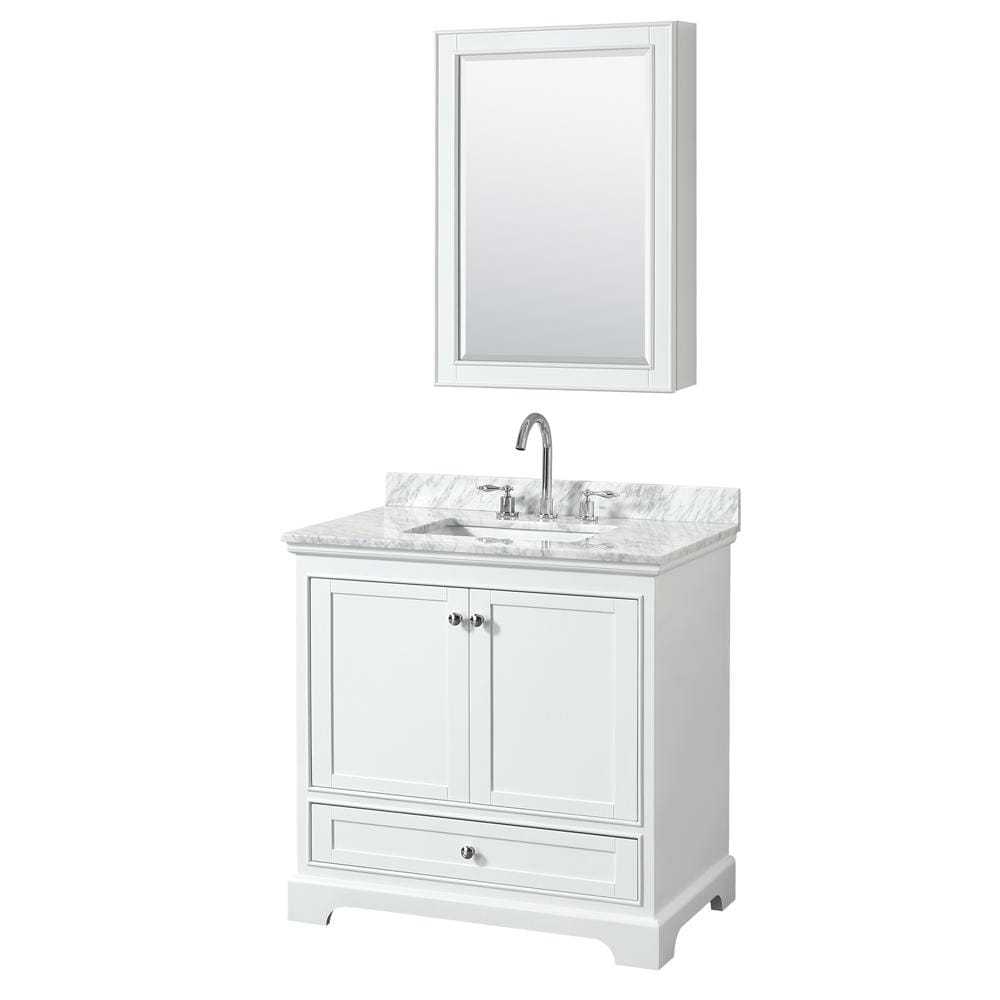 Wyndham Collection Vanity Wyndham Collection WCS202036SWHCMUNSMED Deborah 36 Inch Single Bathroom Vanity in White, White Carrara Marble Countertop, Undermount Square Sink, and Medicine Cabinet