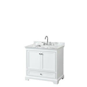 Wyndham Collection Vanity Wyndham Collection WCS202036SWHCMUNSMXX Deborah 36 Inch Single Bathroom Vanity in White, White Carrara Marble Countertop, Undermount Square Sink, and No Mirror