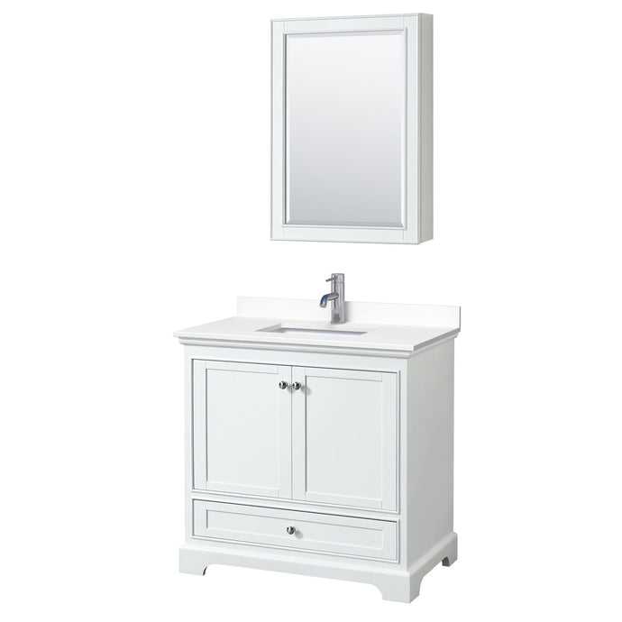 Wyndham Collection Vanity Wyndham Collection WCS202036SWHWCUNSMED Deborah 36 Inch Single Bathroom Vanity in White, White Cultured Marble Countertop, Undermount Square Sink, Medicine Cabinet