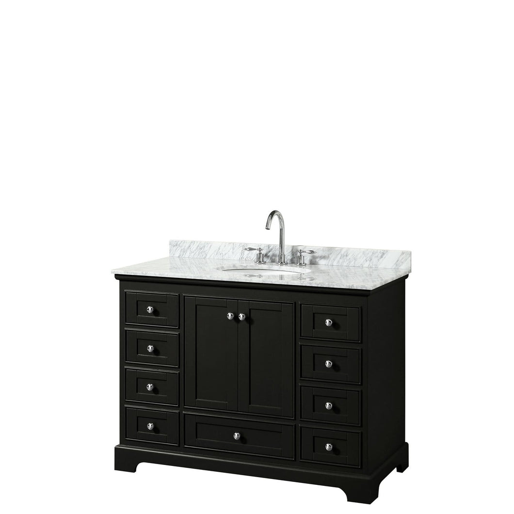 Wyndham Collection Vanity Wyndham Collection WCS202048SDECMUNOMXX Deborah 48 Inch Single Bathroom Vanity in Dark Espresso, White Carrara Marble Countertop, Undermount Oval Sink, and No Mirror