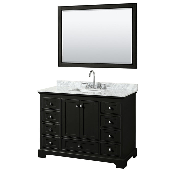 Wyndham Collection Vanity Wyndham Collection WCS202048SDECMUNSM46 Deborah 48 Inch Single Bathroom Vanity in Dark Espresso, White Carrara Marble Countertop, Undermount Square Sink, and 46 Inch Mirror