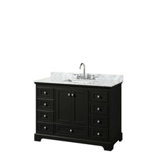 Load image into Gallery viewer, Wyndham Collection Vanity Wyndham Collection WCS202048SDECMUNSMXX Deborah 48 Inch Single Bathroom Vanity in Dark Espresso, White Carrara Marble Countertop, Undermount Square Sink, and No Mirror