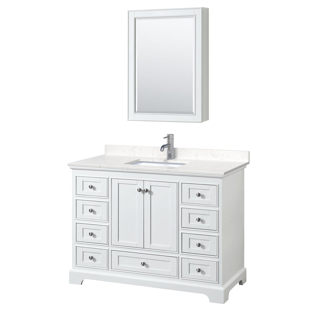 Wyndham Collection Vanity Wyndham Collection WCS202048SWHC2UNSMED Deborah 48 Inch Single Bathroom Vanity in White, Light-Vein Carrara Cultured Marble Countertop, Undermount Square Sink, Medicine Cabinet