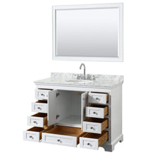 Load image into Gallery viewer, Wyndham Collection Vanity Wyndham Collection WCS202048SWHCMUNOM46 Deborah 48 Inch Single Bathroom Vanity in White, White Carrara Marble Countertop, Undermount Oval Sink, and 46 Inch Mirror
