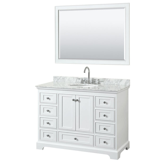 Wyndham Collection Vanity Wyndham Collection WCS202048SWHCMUNOM46 Deborah 48 Inch Single Bathroom Vanity in White, White Carrara Marble Countertop, Undermount Oval Sink, and 46 Inch Mirror