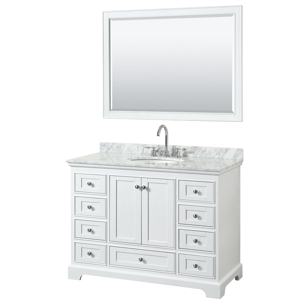 Wyndham Collection Vanity Wyndham Collection WCS202048SWHCMUNOM46 Deborah 48 Inch Single Bathroom Vanity in White, White Carrara Marble Countertop, Undermount Oval Sink, and 46 Inch Mirror