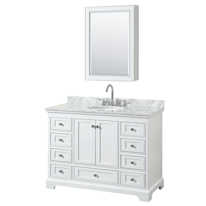 Wyndham Collection Vanity Wyndham Collection WCS202048SWHCMUNOMED Deborah 48 Inch Single Bathroom Vanity in White, White Carrara Marble Countertop, Undermount Oval Sink, and Medicine Cabinet