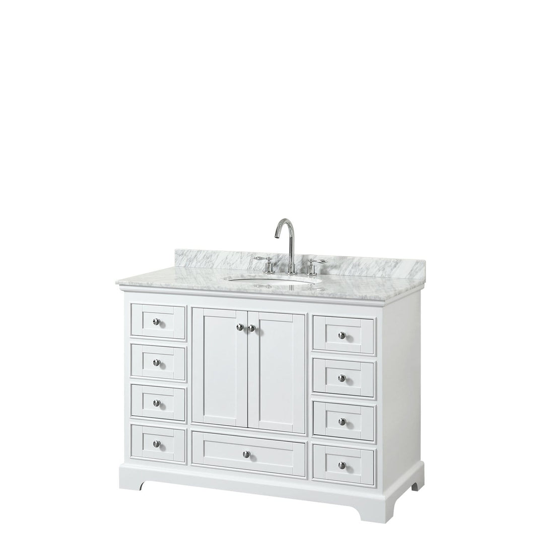 Wyndham Collection Vanity Wyndham Collection WCS202048SWHCMUNOMXX Deborah 48 Inch Single Bathroom Vanity in White, White Carrara Marble Countertop, Undermount Oval Sink, and No Mirror