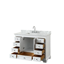 Load image into Gallery viewer, Wyndham Collection Vanity Wyndham Collection WCS202048SWHCMUNSMXX Deborah 48 Inch Single Bathroom Vanity in White, White Carrara Marble Countertop, Undermount Square Sink, and No Mirror