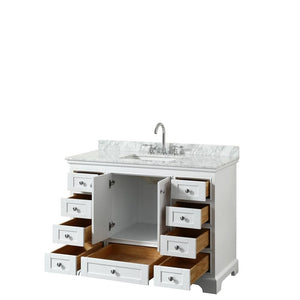 Wyndham Collection Vanity Wyndham Collection WCS202048SWHCMUNSMXX Deborah 48 Inch Single Bathroom Vanity in White, White Carrara Marble Countertop, Undermount Square Sink, and No Mirror
