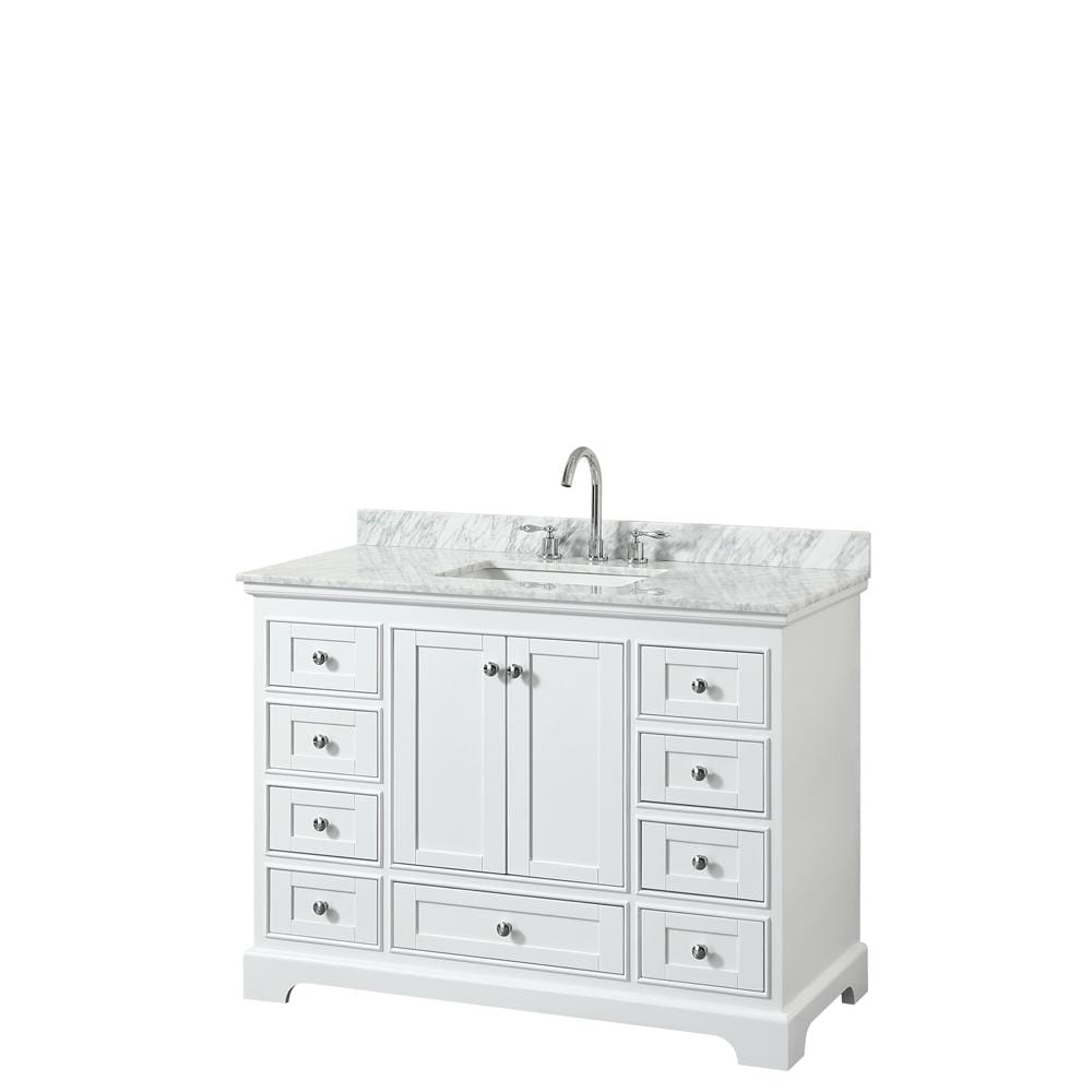 Wyndham Collection Vanity Wyndham Collection WCS202048SWHCMUNSMXX Deborah 48 Inch Single Bathroom Vanity in White, White Carrara Marble Countertop, Undermount Square Sink, and No Mirror