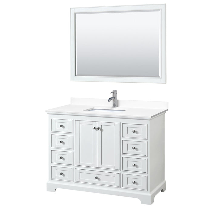 Wyndham Collection Vanity Wyndham Collection WCS202048SWHWCUNSM46 Deborah 48 Inch Single Bathroom Vanity in White, White Cultured Marble Countertop, Undermount Square Sink, 46 Inch Mirror