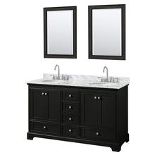 Load image into Gallery viewer, Wyndham Collection Vanity Wyndham Collection WCS202060DDECMUNOM24 Deborah 60 Inch Double Bathroom Vanity in Dark Espresso, White Carrara Marble Countertop, Undermount Oval Sinks, and 24 Inch Mirrors
